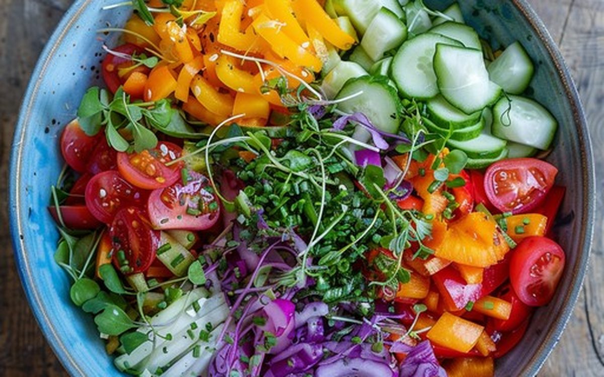Illustration of a colourful plate of salad on a warm background